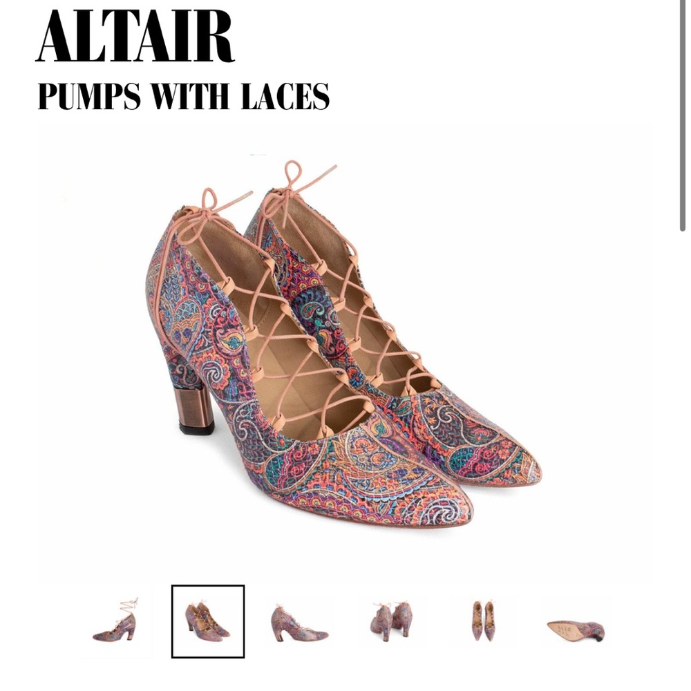 John Fluevog Pink and Blue Heels with Intricate Design